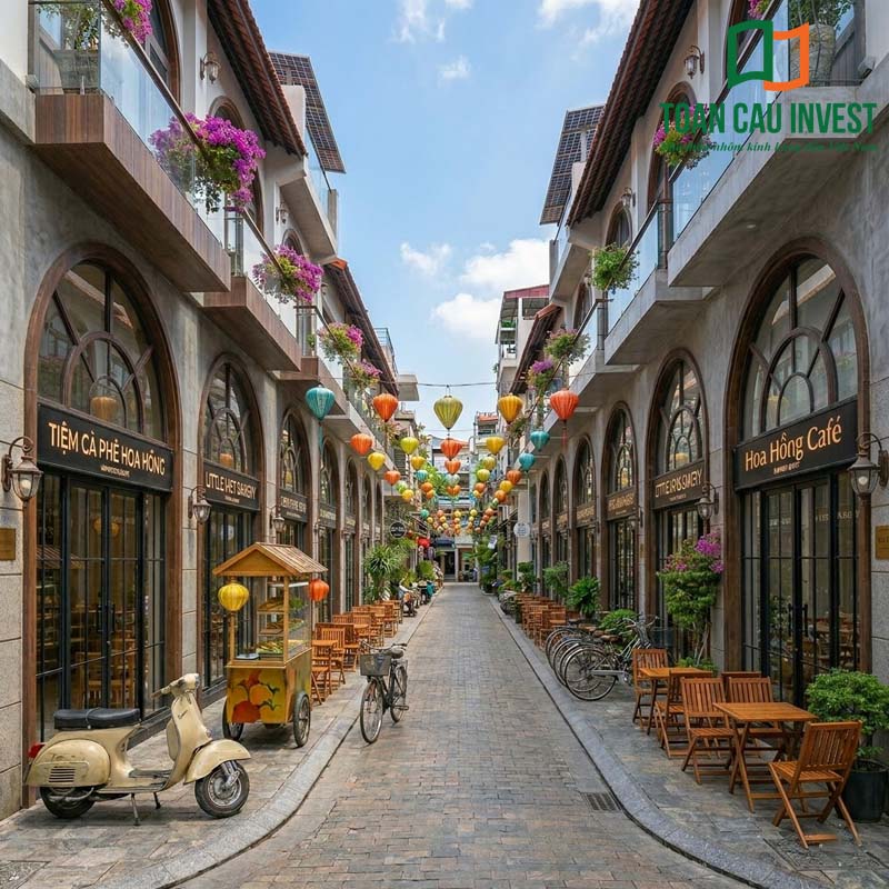 : Không gian phố đi bộ với các cửa kính vòm cong đồng bộ, tạo điểm nhấn kiến trúc tinh tế và thu hút khách hàng cho khu shophouse.
