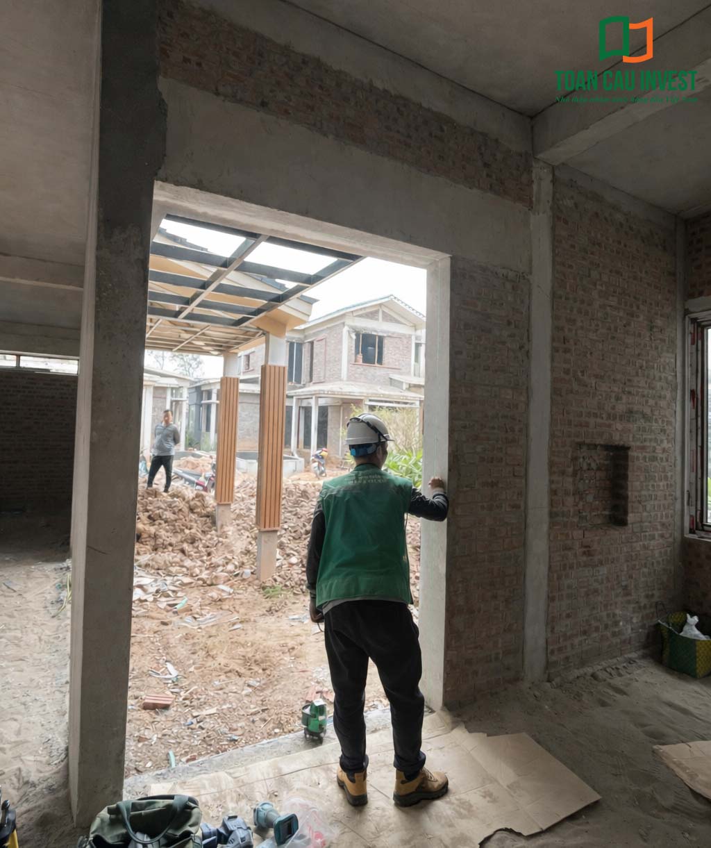 Hình ảnh nhôm kính thi công tại Wyndham Lynn Times - Thanh Thủy, Phú Thọ – công nhân căn chỉnh khung cửa nhôm kính trong không gian nội thất.