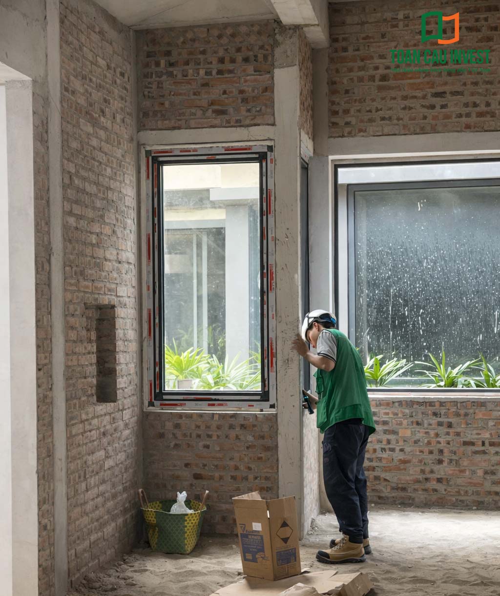 Hình ảnh nhôm kính thi công tại Wyndham Lynn Times - Thanh Thủy, Phú Thọ – kỹ thuật viên đo đạc và xử lý vị trí lắp đặt cửa nhôm kính.