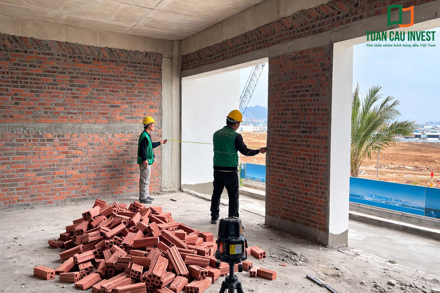 Hình ảnh nhôm kính thi công tại Sun Marina - Hạ Long, kỹ sư Toàn Cầu Invest đo đạc kích thước ô cửa để chuẩn bị lắp đặt hệ cửa nhôm kính.