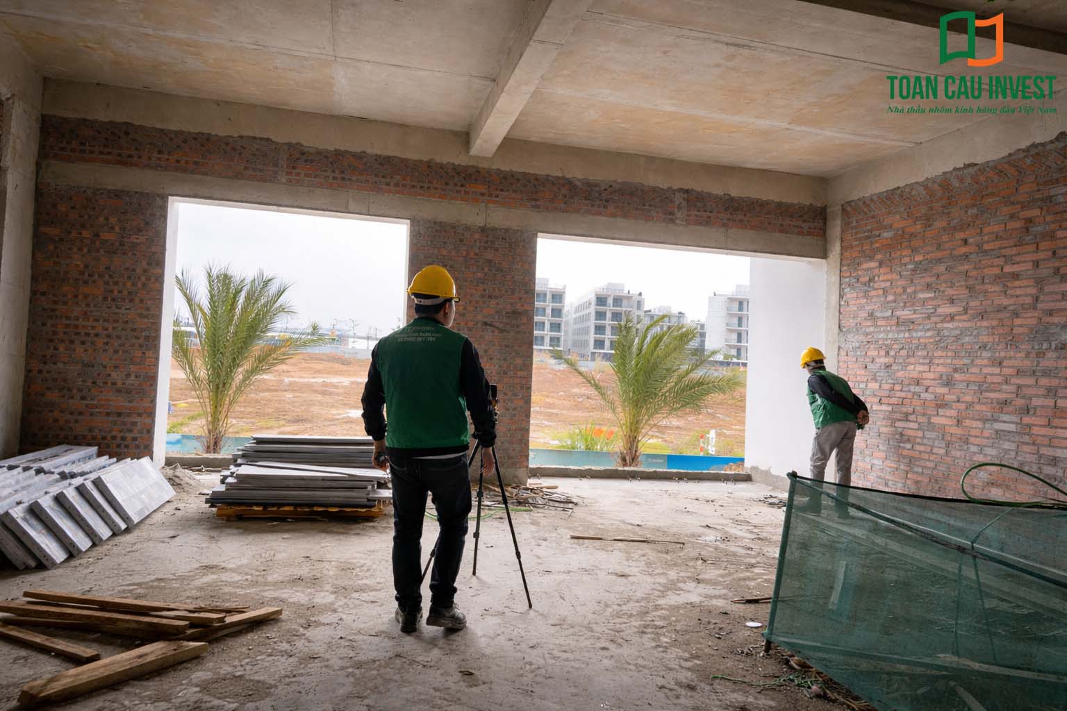 Hình ảnh nhôm kính thi công tại Sun Marina - Hạ Long, kỹ sư khảo sát hiện trạng mặt bằng trước khi triển khai hệ cửa và vách nhôm kính.