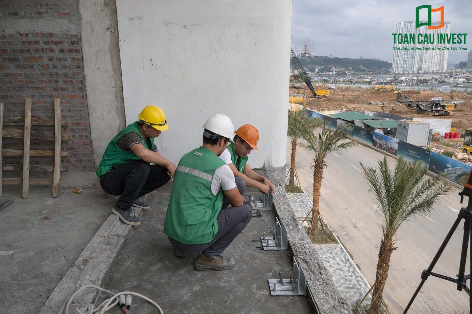 Hình ảnh nhôm kính thi công tại Sun Marina - Hạ Long, đội ngũ kỹ thuật lắp đặt phụ kiện và hệ khung nhôm kính tại ban công công trình.