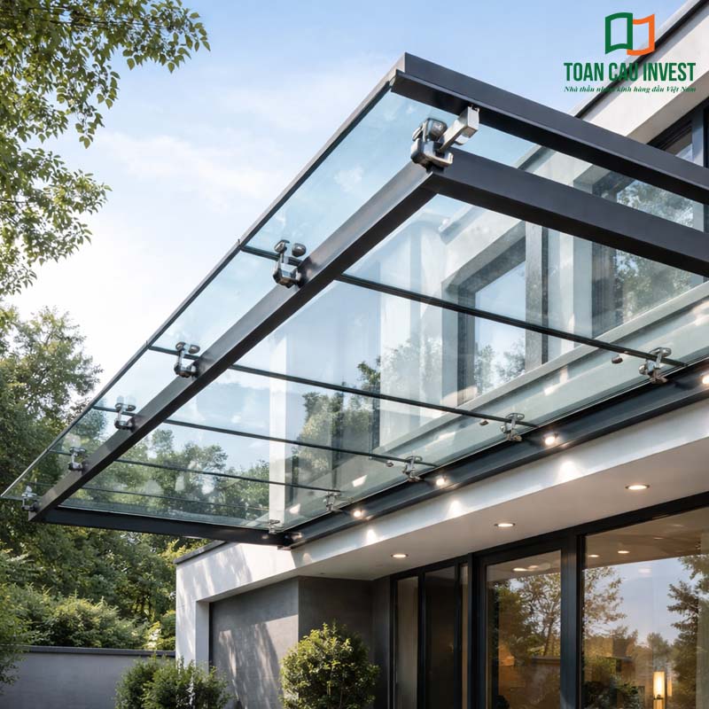 Mái kính cường lực treo bằng spider inox kết hợp khung nhôm chắc chắn, giải pháp che sảnh công trình hiện đại, bền bỉ và thẩm mỹ cao.