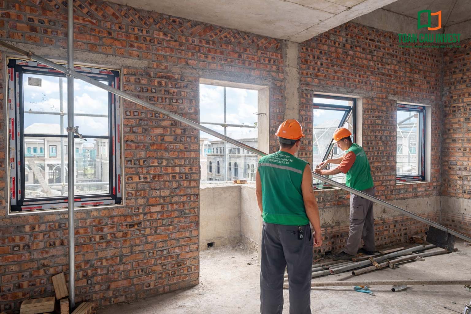 Hình ảnh nhôm kính thi công tại Trung Minh A thể hiện bước hoàn thiện quanh ô cửa nhôm kính nhằm đảm bảo kín khít và thẩm mỹ