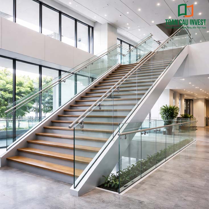 Vách kính cầu thang văn phòng hiện đại, sử dụng kính cường lực và tay vịn inox tối giản.