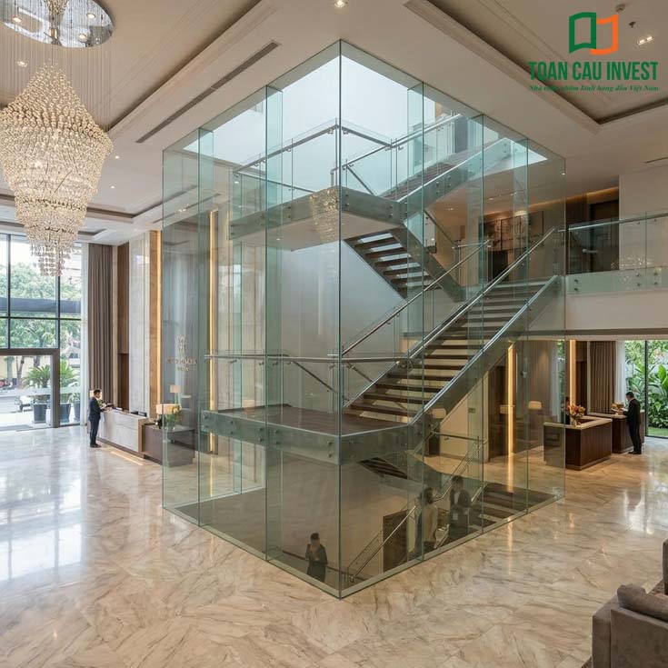 Vách kính cầu thang dạng hộp kính full bao quanh lõi thang máy trong sảnh khách sạn cao cấp, thiết kế sang trọng và hiện đại