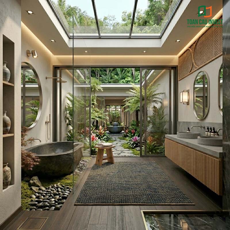 Không gian phòng tắm hòa hợp với thiên nhiên cùng vách kính tắm đứng trong suốt, kết nối khu vực bồn tắm đá với khu vườn nhiệt đới trong nhà.