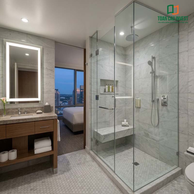 Chi tiết vách kính tắm đứng sang trọng với hệ phụ kiện bản lề cao cấp, đặt trong không gian phòng tắm ốp đá cẩm thạch tinh tế.