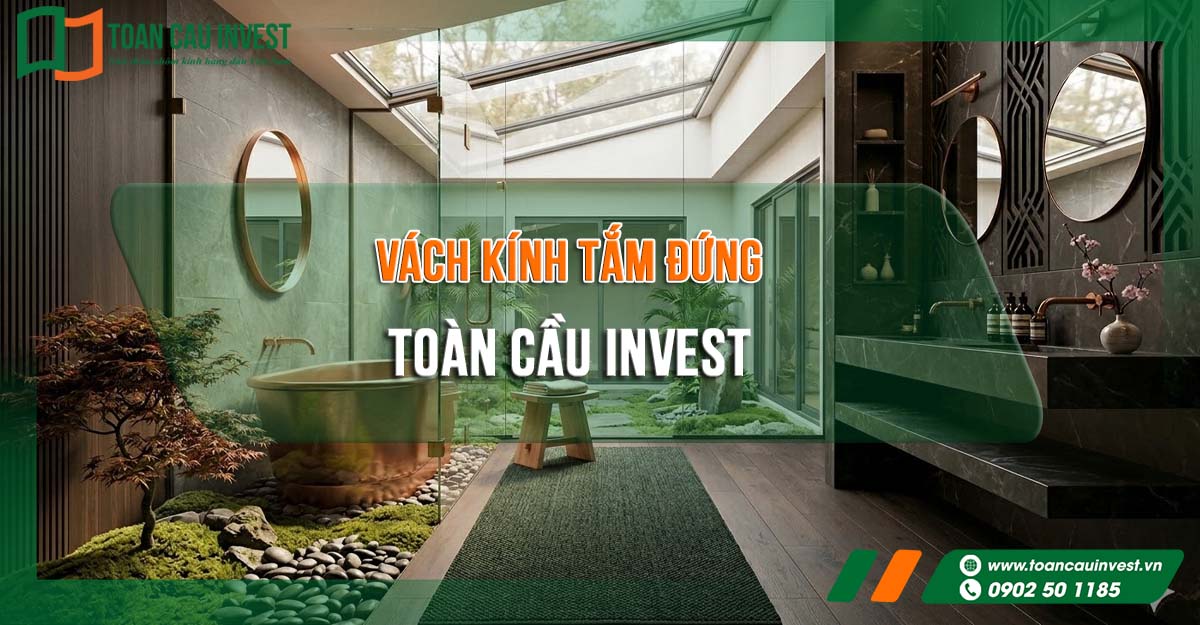 Hình ảnh giới thiệu sản phẩm vách kính tắm đứng mang thương hiệu Toàn Cầu Invest trong không gian phòng tắm thư giãn mang đậm phong cách Á Đông.