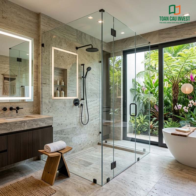 Không gian tắm tràn ngập ánh sáng tự nhiên nhờ vách kính tắm đứng không khung, thiết kế tinh giản mở ra tầm nhìn hướng ra khu vườn nhỏ.