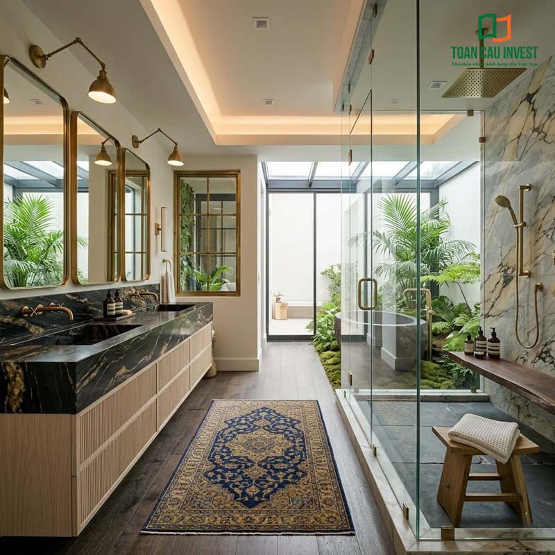 Sự kết hợp hoàn hảo giữa vách kính tắm đứng cao cấp và nội thất kim loại mạ vàng đồng, tạo nên vẻ đẹp đẳng cấp và sang trọng cho phòng tắm.