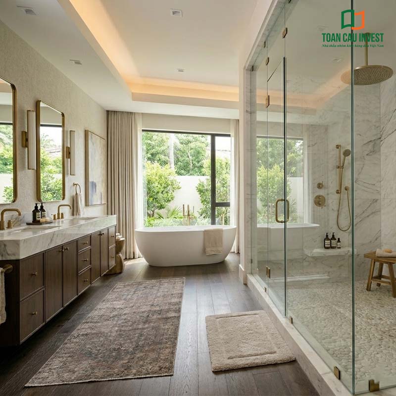 Phòng tắm rộng rãi và thoáng đãng hơn với thiết kế vách kính tắm đứng hiện đại, kết hợp hài hòa cùng bồn tắm nằm và sàn màu gỗ ấm cúng.