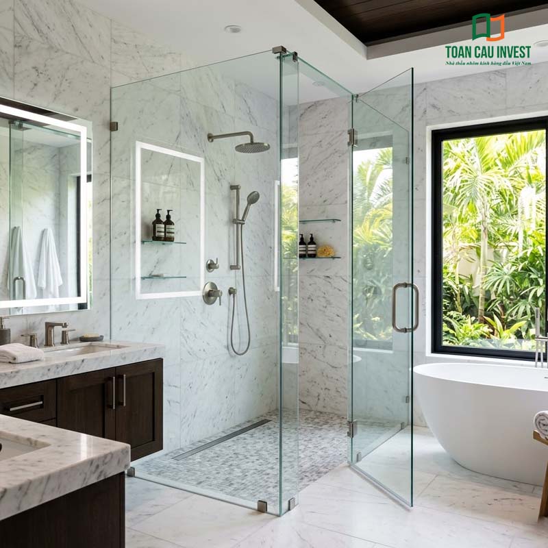 Mẫu vách kính tắm đứng với thiết kế cửa mở quay tiện lợi, sử dụng kính cường lực trong suốt giúp tối ưu hóa ánh sáng và diện tích.