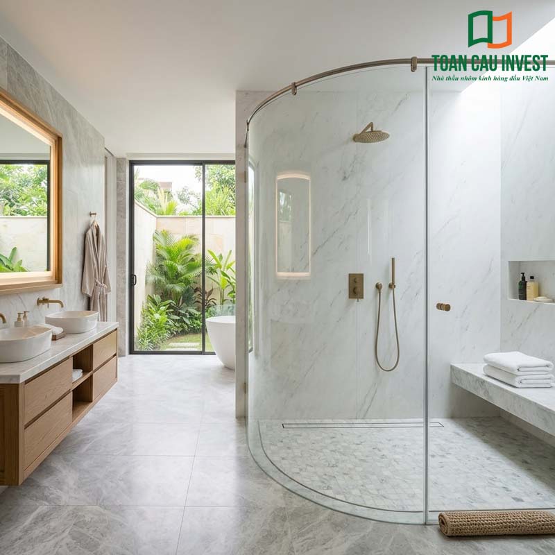 Vách tắm kính cong không khung mang phong cách resort cao cấp, tối ưu không gian và tăng tính thẩm mỹ cho phòng tắm hiện đại