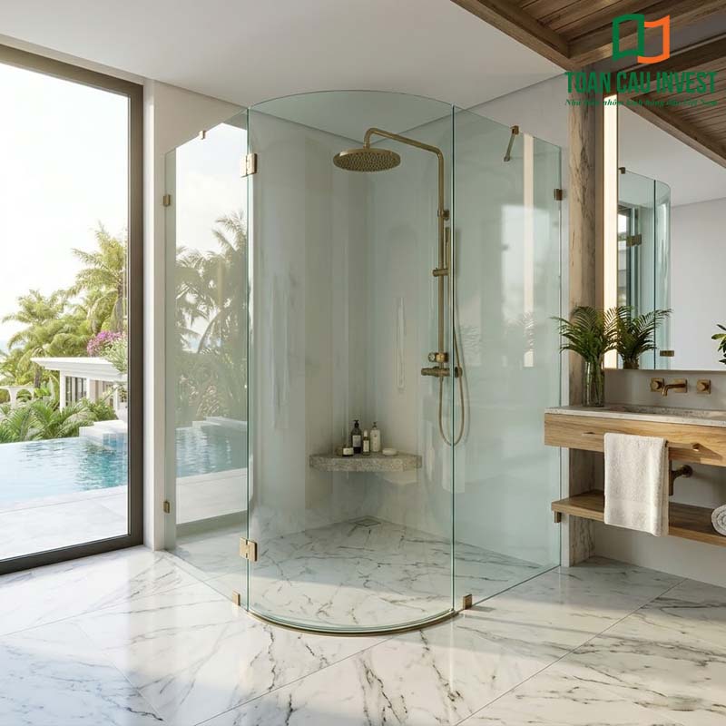Thiết kế vách tắm kính cong trong resort cao cấp giúp mở rộng không gian, tạo trải nghiệm nghỉ dưỡng đẳng cấp