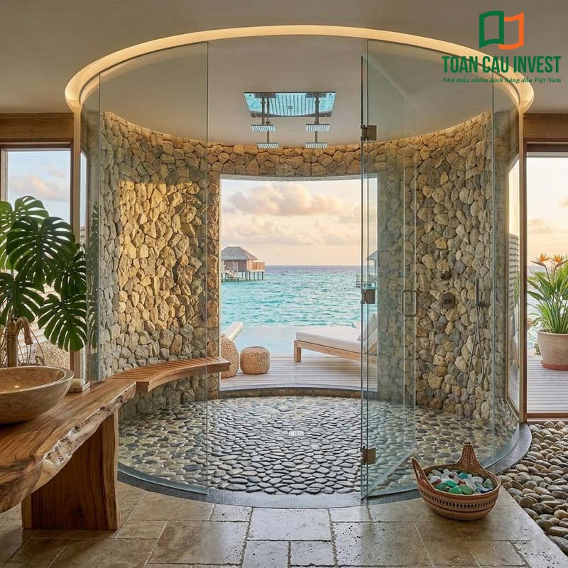 Vách tắm kính cong kết hợp vật liệu đá tự nhiên và view biển mang đến không gian spa cao cấp chuẩn resort