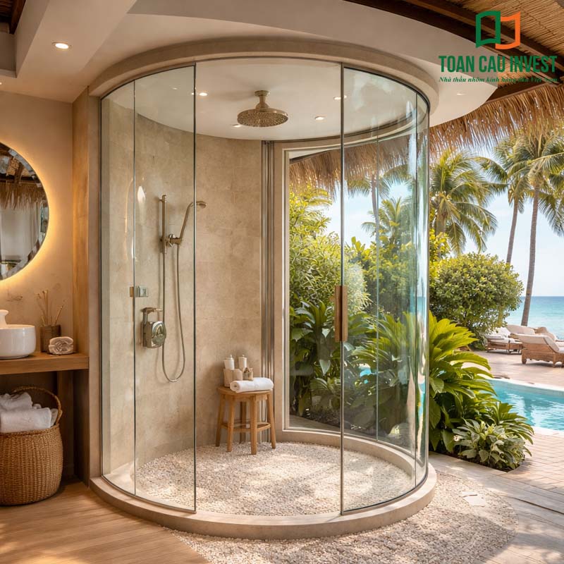 Giải pháp vách tắm kính cong giúp tối ưu trải nghiệm không gian mở, phù hợp các resort và villa ven biển cao cấp