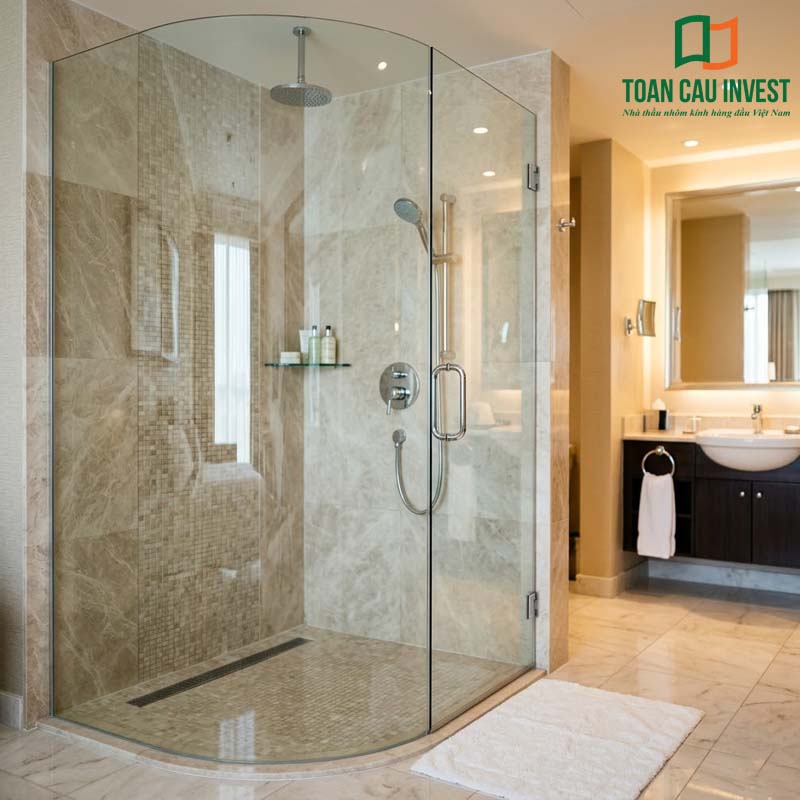Ứng dụng vách tắm kính cong trong khách sạn giúp phân chia không gian hiệu quả mà vẫn giữ sự liền mạch và sang trọng