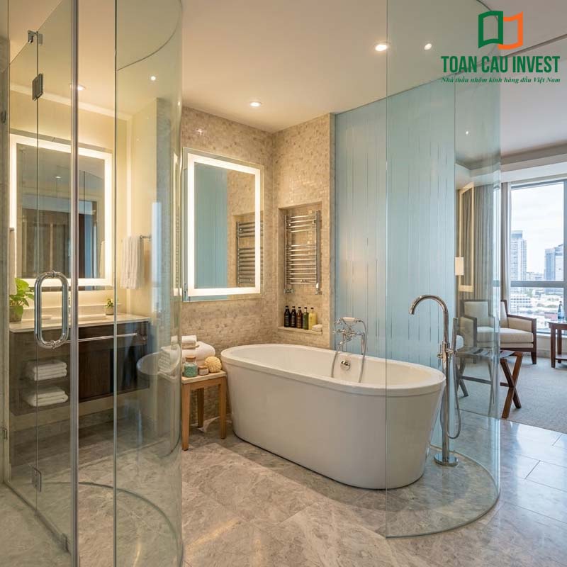 Thiết kế vách tắm kính cong tối giản phù hợp các công trình khách sạn, căn hộ cao cấp với tiêu chuẩn thi công hiện đại