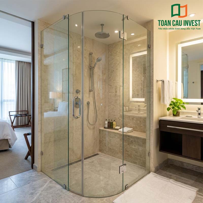 Vách tắm kính cong góc giúp tối ưu diện tích phòng tắm, tăng tính thẩm mỹ và phù hợp với nhiều loại hình công trình