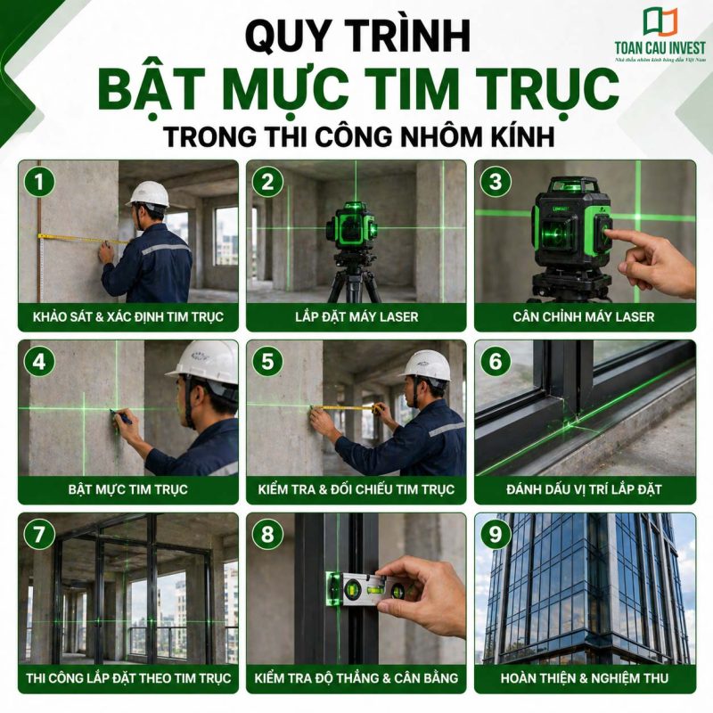 Quy trình bật mực tìm trục trong thi công nhôm kính