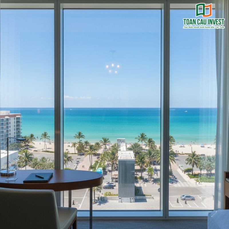 Cửa nhôm kính cường lực toàn cảnh giúp tận dụng tối đa view biển, mang lại trải nghiệm nghỉ dưỡng đẳng cấp và thông thoáng.
