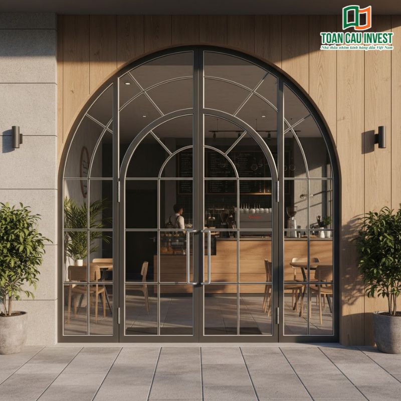 Thiết kế cửa nhôm kính cường lực uốn vòm nghệ thuật, phù hợp cho không gian kinh doanh như café, showroom, nhà hàng.
