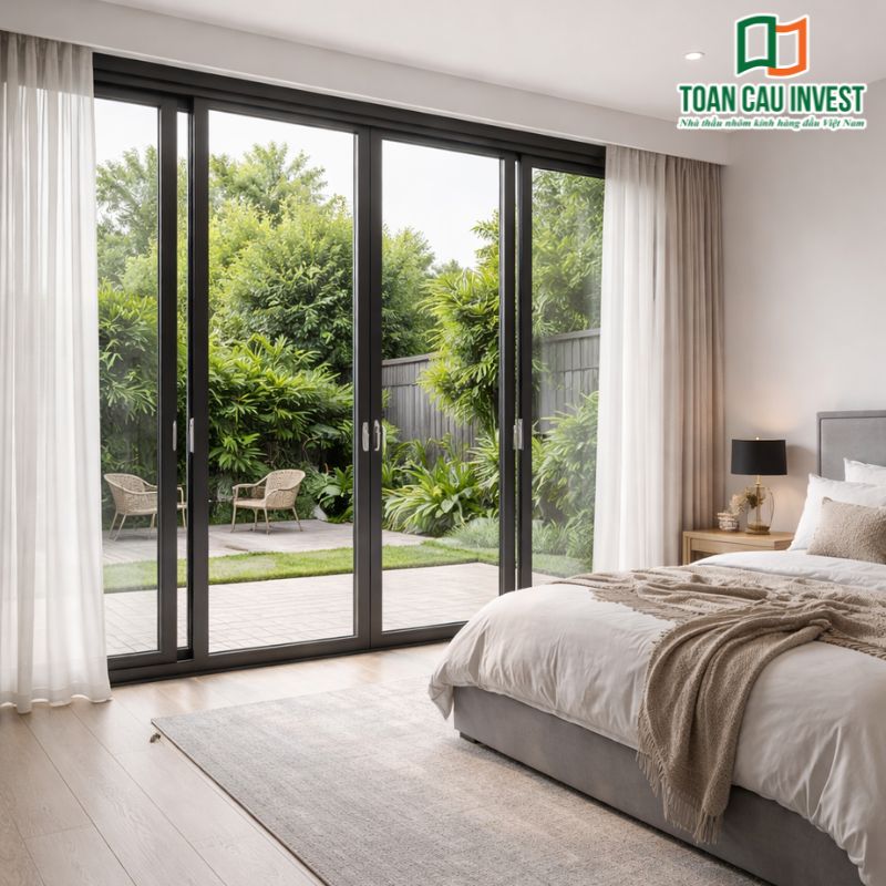 Hệ cửa nhôm kính phòng ngủ trượt giúp kết nối trực tiếp với sân vườn, tạo không gian thư giãn