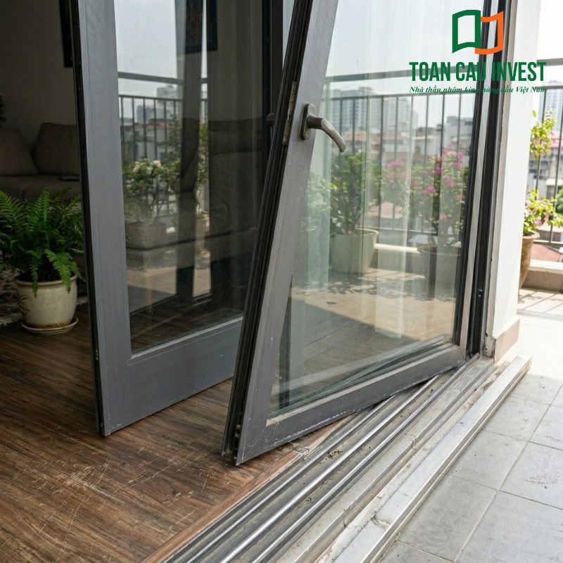 Hình ảnh ray cửa nhôm bị lệch khiến cửa nhôm lùa trệch ray, ảnh hưởng đến khả năng đóng mở và độ kín khít công trình.
