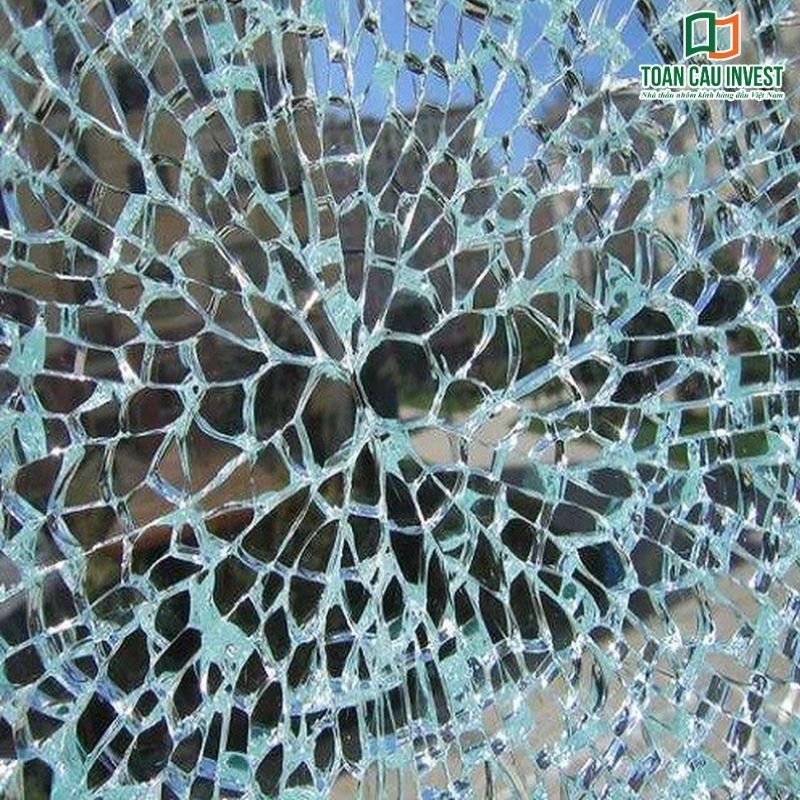 Hình ảnh thực tế kính cường lực tự nổ với cấu trúc vỡ đặc trưng dạng hạt nhỏ, cho thấy ứng suất bên trong vật liệu