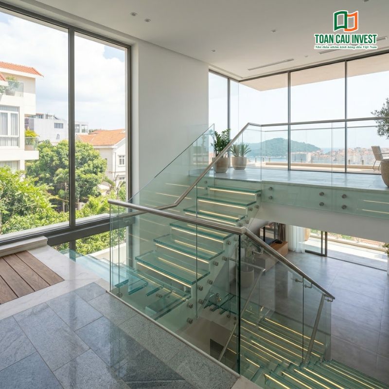 Nẹp kính cường lực giúp cố định lan can kính cầu thang, mang lại không gian mở và sang trọng.