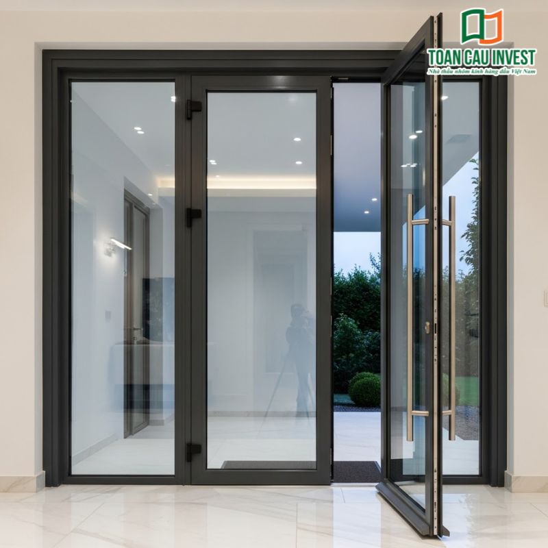 Cửa đi mở quay sử dụng nhôm hệ cao cấp với bản lề chắc chắn, vận hành êm ái và độ kín nước tốt. Nhôm hệ được ứng dụng rộng rãi cho cửa chính, cửa ban công và cửa thông phòng.