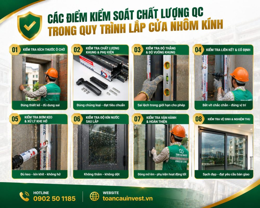 Các điểm kiểm soát chất lượng QC trong quy trình lắp cửa nhôm kính