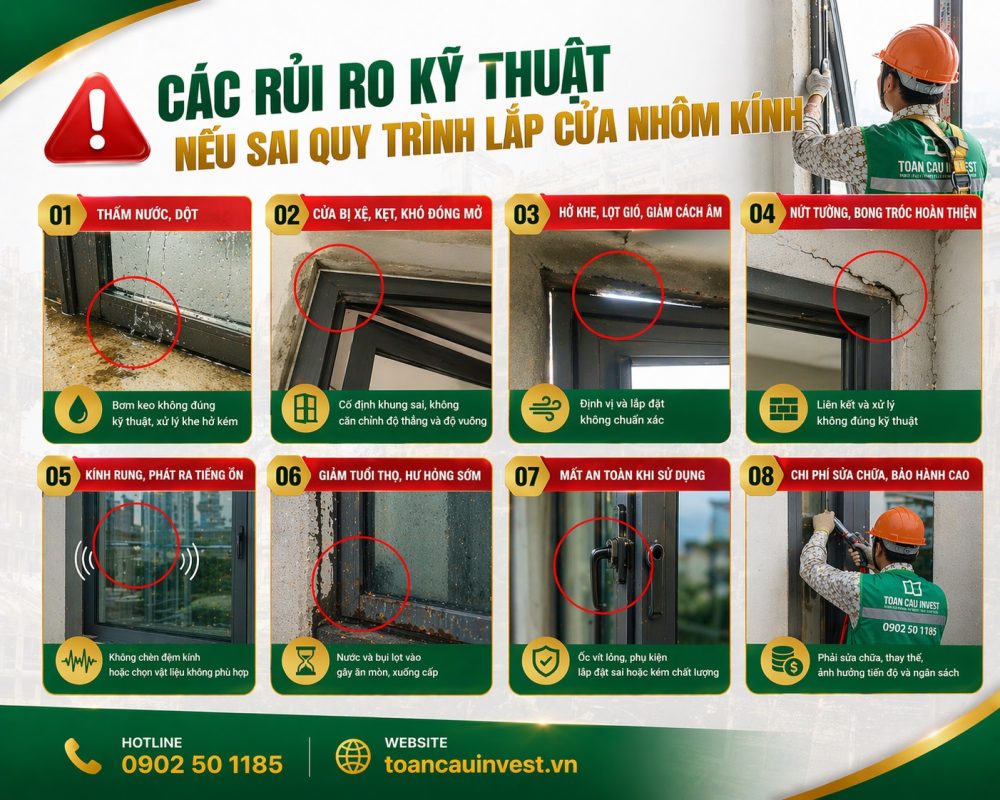 Các rủi ro kỹ thuật nếu sai quy trình lắp cửa nhôm kính