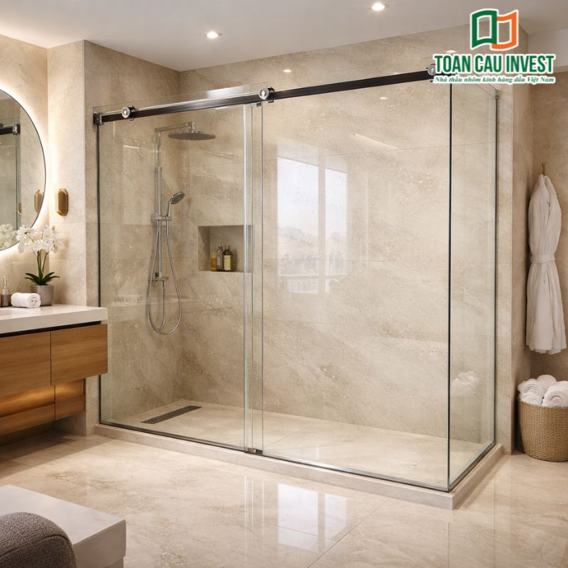 Hệ vách kính lùa phòng tắm sử dụng ray treo inox cao cấp, vận hành êm ái, phù hợp không gian villa sang trọng