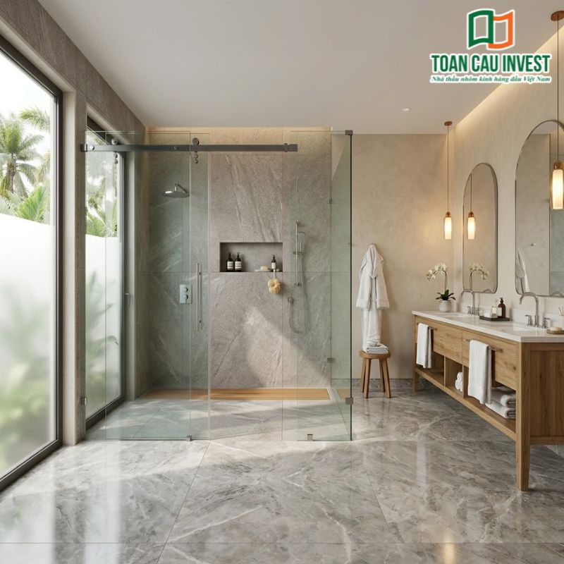 Vách kính lùa phòng tắm trong không gian villa cao cấp, tận dụng ánh sáng tự nhiên tạo cảm giác thoáng đãng và thư giãn