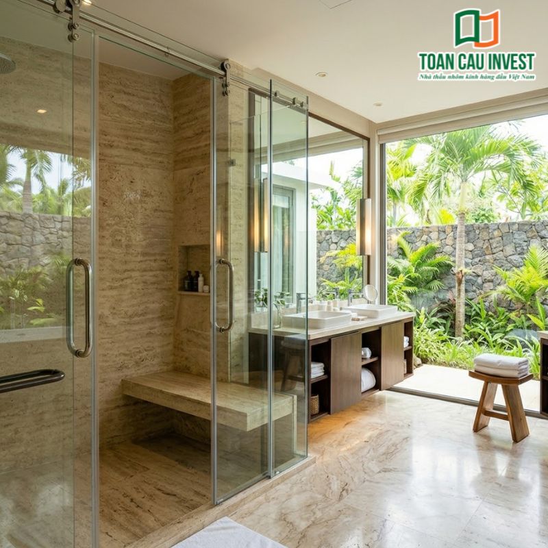 Thiết kế vách kính lùa phòng tắm kết nối không gian nội thất với sân vườn, mang lại trải nghiệm nghỉ dưỡng cao cấp.