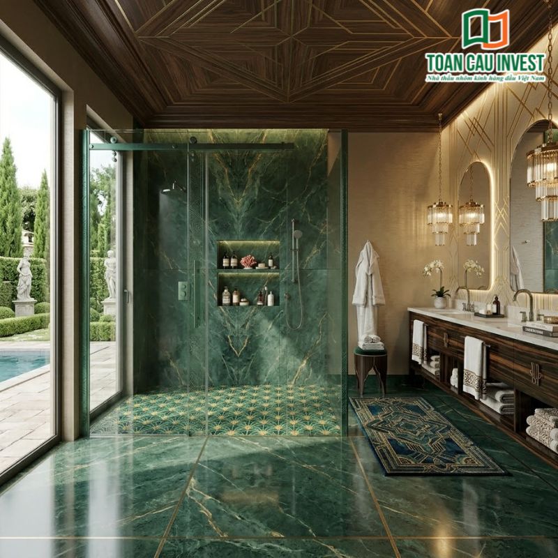 Vách kính lùa phòng tắm kết hợp đá marble xanh và nội thất cao cấp, tạo điểm nhấn sang trọng cho không gian