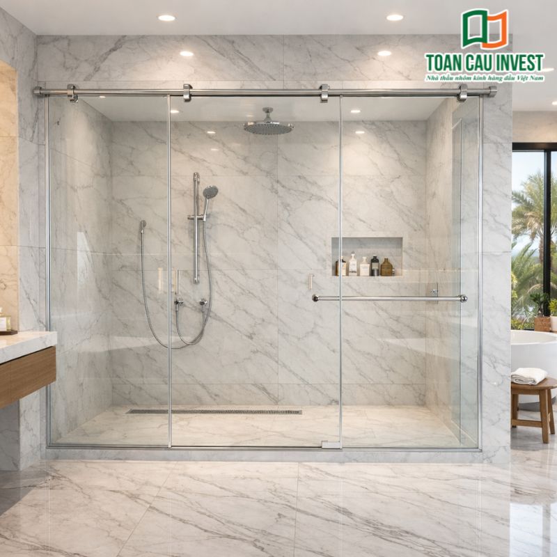 Hệ vách kính lùa phòng tắm không khung (frameless) giúp tăng tính thẩm mỹ và tối ưu diện tích sử dụng.