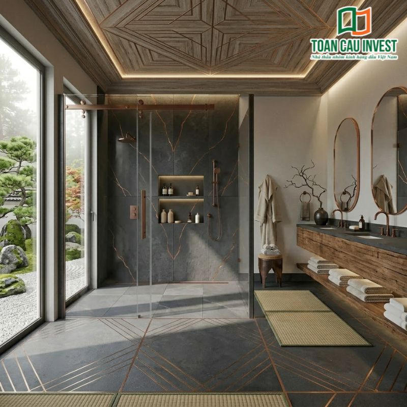 Vách kính lùa phòng tắm thiết kế theo phong cách Nhật Bản, tối giản nhưng tinh tế, phù hợp villa nghỉ dưỡng.