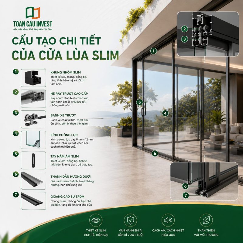 Cấu tạo chi tiết cửa lùa slim