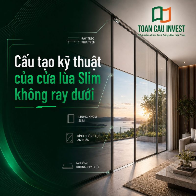 Cấu tạo kỹ thuật của cửa lùa slim không ray dưới