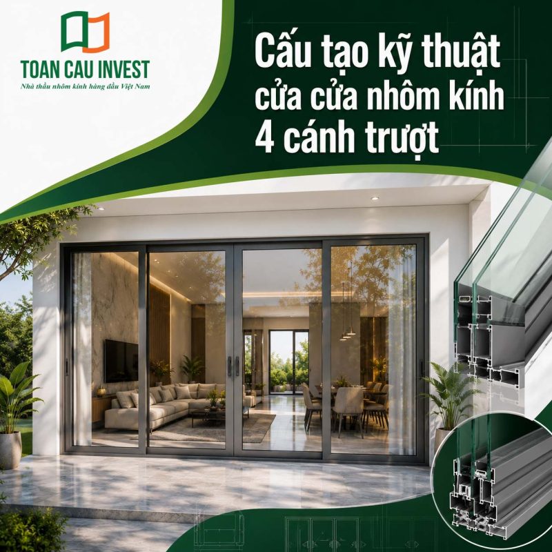 Cấu tạo kĩ thuật cửa nhôm kính 4 cánh trượt