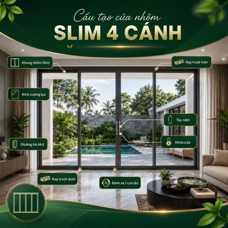 Cấu tạo cửa nhôm slim 4 cánh