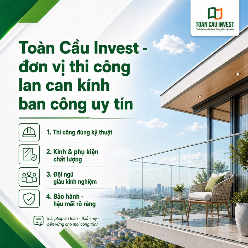 Toàn Cầu Invest - Đơn vị thi công lan can kính ban công uy tín