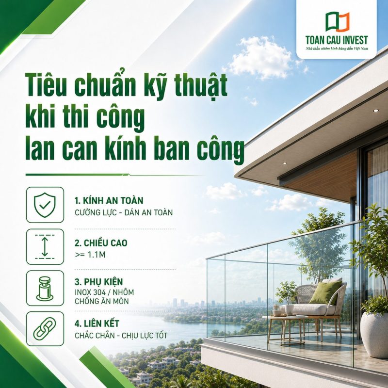 Tiêu chuẩn kĩ thuật khi thi công lan can kính ban công