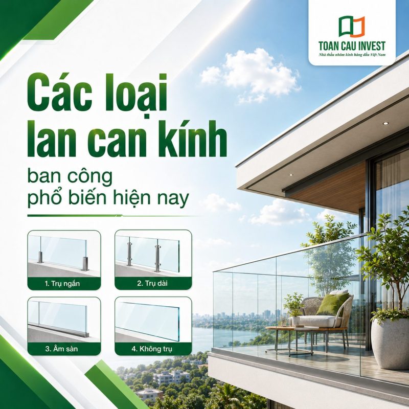 Các loại lan can kính ban công phổ biến hiện nay