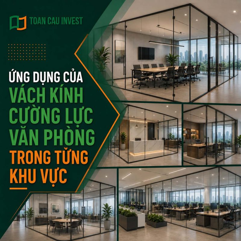 Ứng dụng vách kính cường lực văn phòng trong từng khu vực