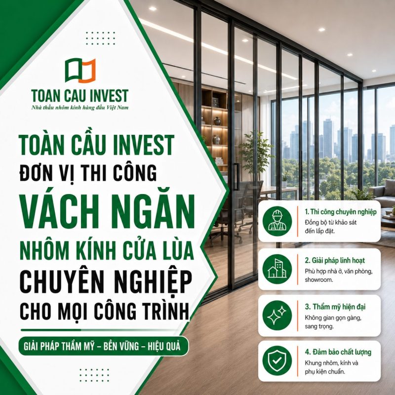 Toàn Cầu Invest - Đơn vị thi công vách ngăn nhôm kính cửa lùa chuyên nghiệp