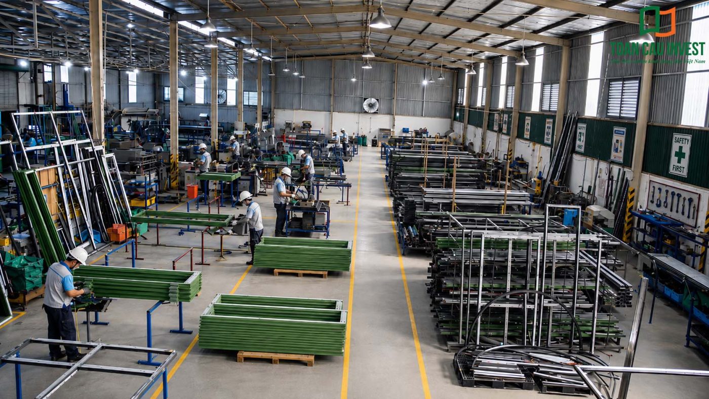 Nhôm kính nhà máy với dây chuyền sản xuất hiện đại